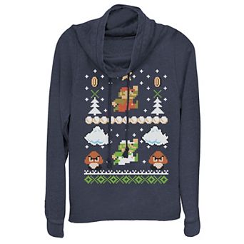 Juniors' Nintendo Super Mario Goomba Christmas Cowlneck Graphic Lightweight Long Sleeve