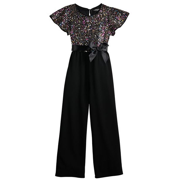 Girls 7 16 Three Pink Hearts Sequin Side Tie Jumpsuit in Regular Plus