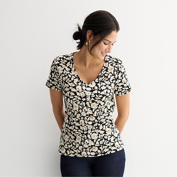 Petite Croft & Barrow® Essential V-Neck Tee - Beige Flower Vine (XS PETITE)