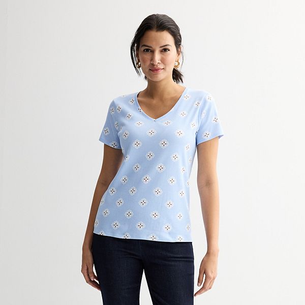 Petite Croft & Barrow® Essential V-Neck Tee - Blue Bloom Tile (XS PETITE)