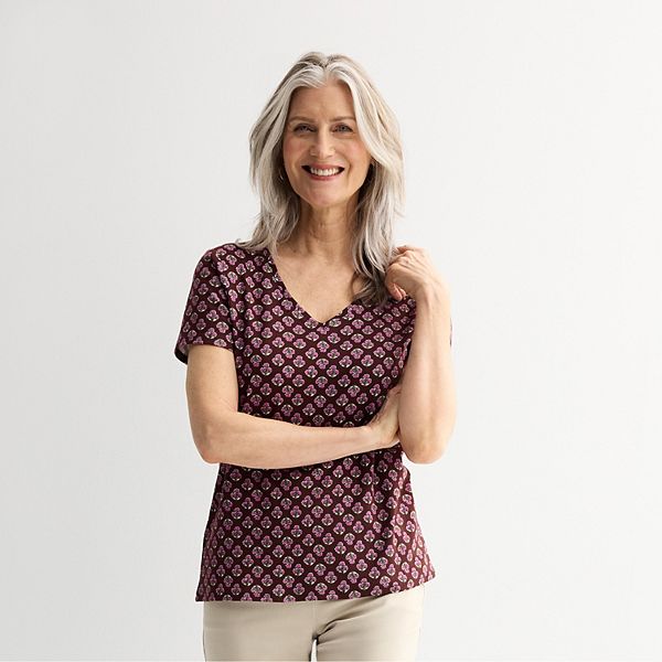 Petite Croft & Barrow® Essential V-Neck Tee - Brown Mini Floral (XS PETITE)
