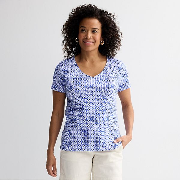 Petite Croft & Barrow® Essential V-Neck Tee - Deep Blue Geo (XS PETITE)