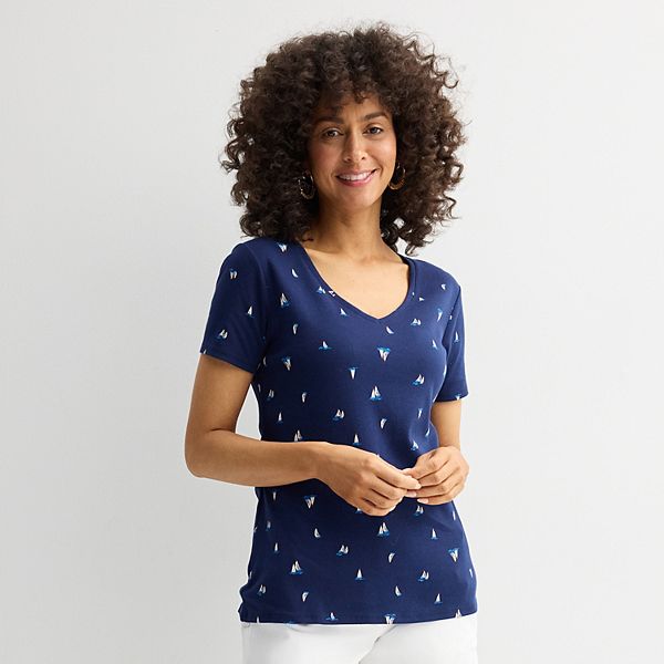 Petite Croft & Barrow® Essential V-Neck Tee - Navy Little Boats (XS PETITE)