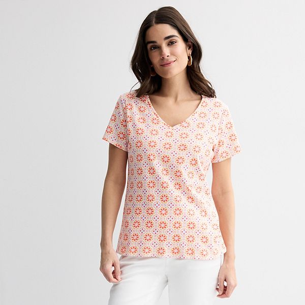 Petite Croft & Barrow® Essential V-Neck Tee - Orange Tile Block (XS PETITE)