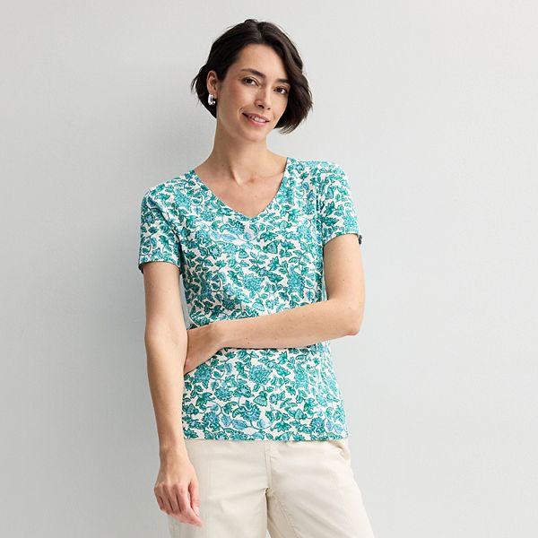 Petite Croft & Barrow® Essential V-Neck Tee - Teal Blue Flower Vine (XS PETITE)
