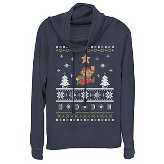 Juniors' Nintendo Super Mario Snow Level Christmas Cowlneck Graphic Lightweight Long Sleeve