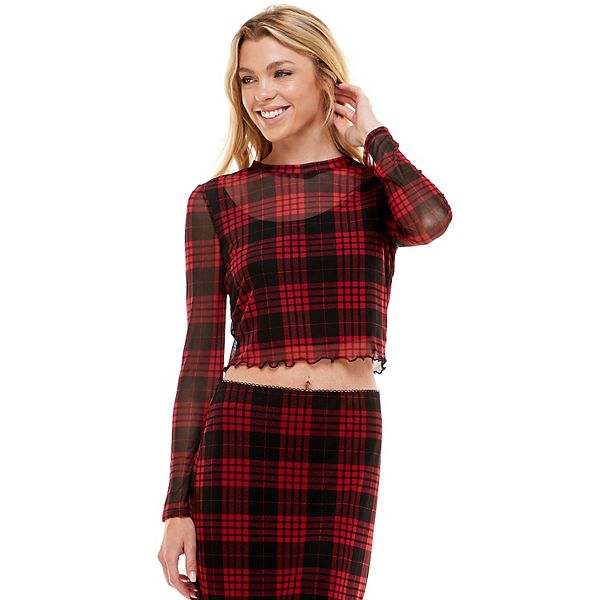 Juniors' Lily Rose Long Sleeve Lettuce Edge Mesh Top