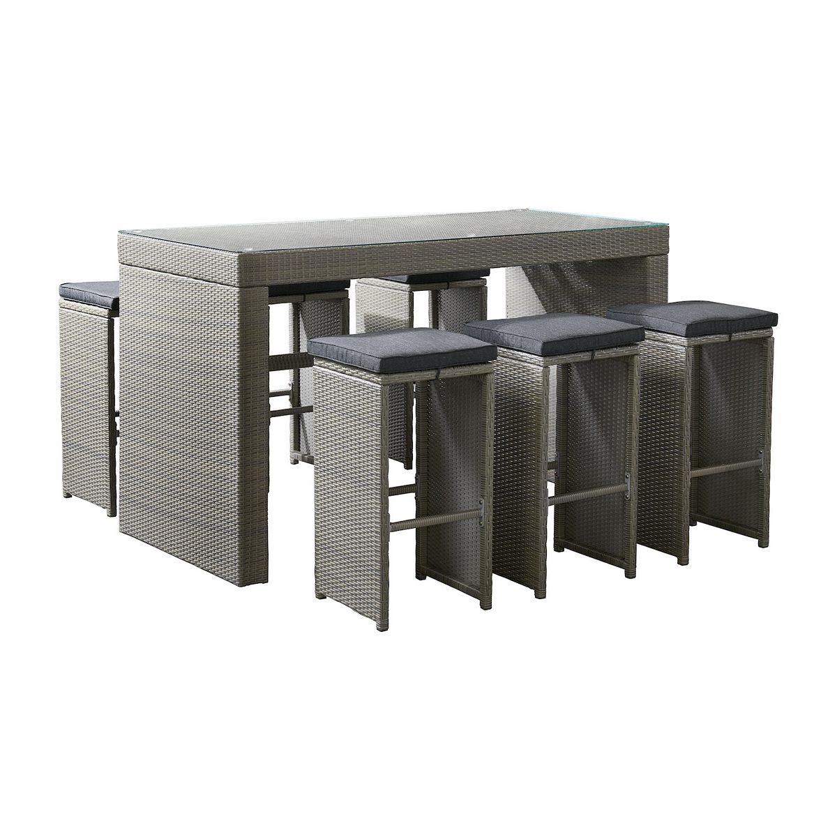 All-weather wicker bar table set with stools in gray woven finish