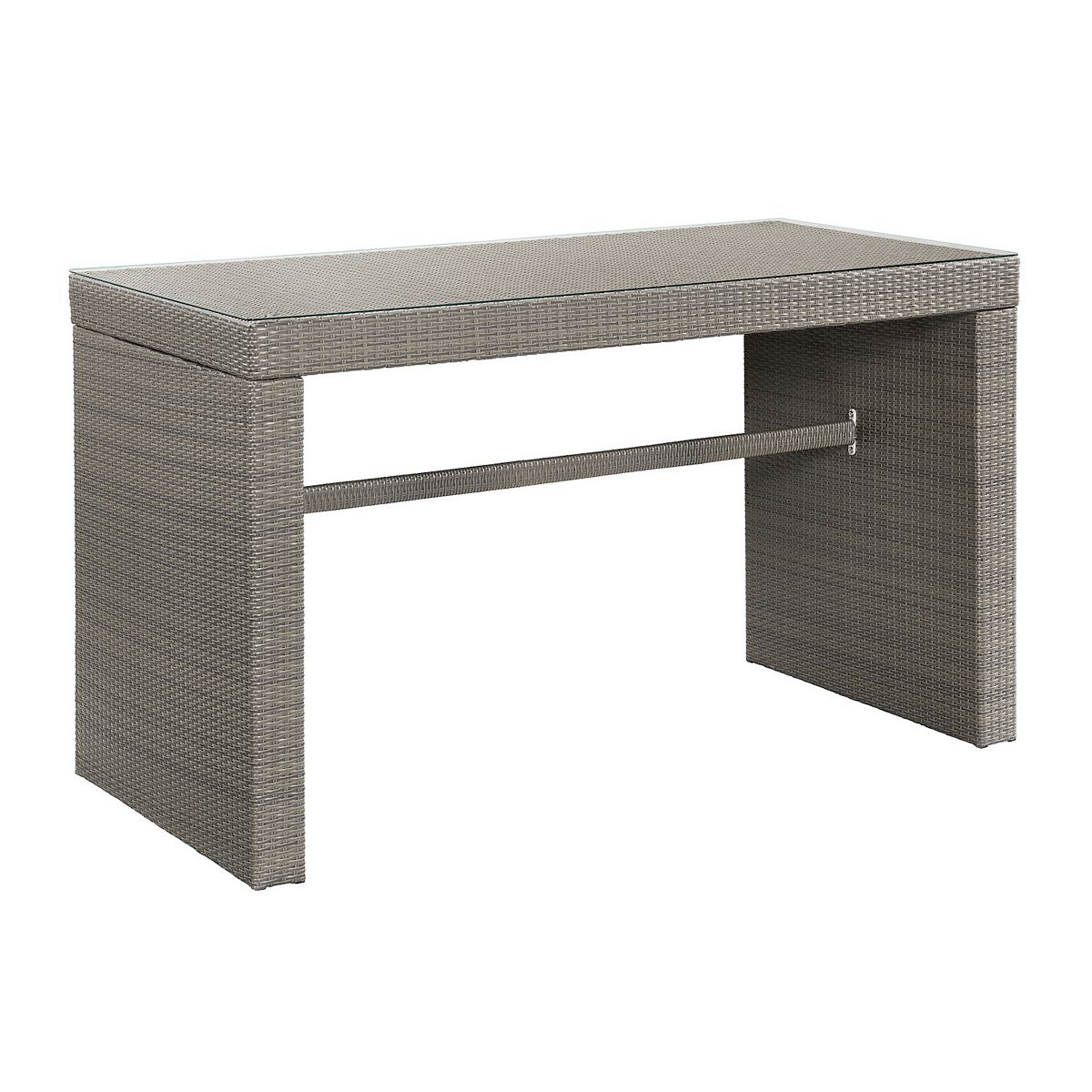 Gray woven outdoor bar table with open apron and side support bar