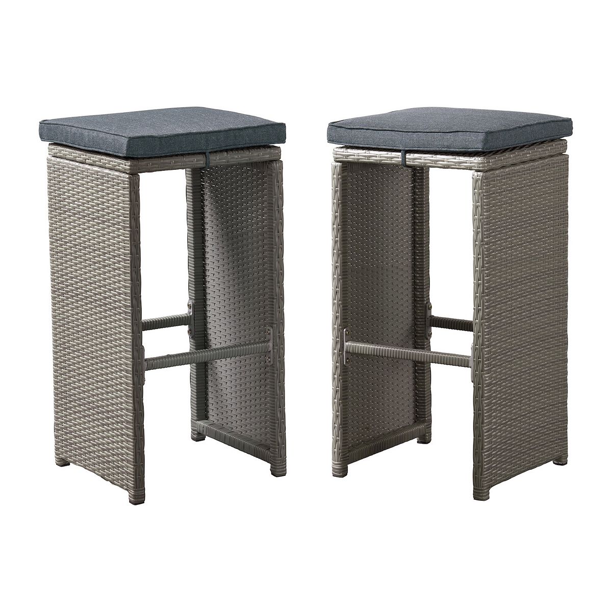 Gray woven bar stools with dark seat cushions