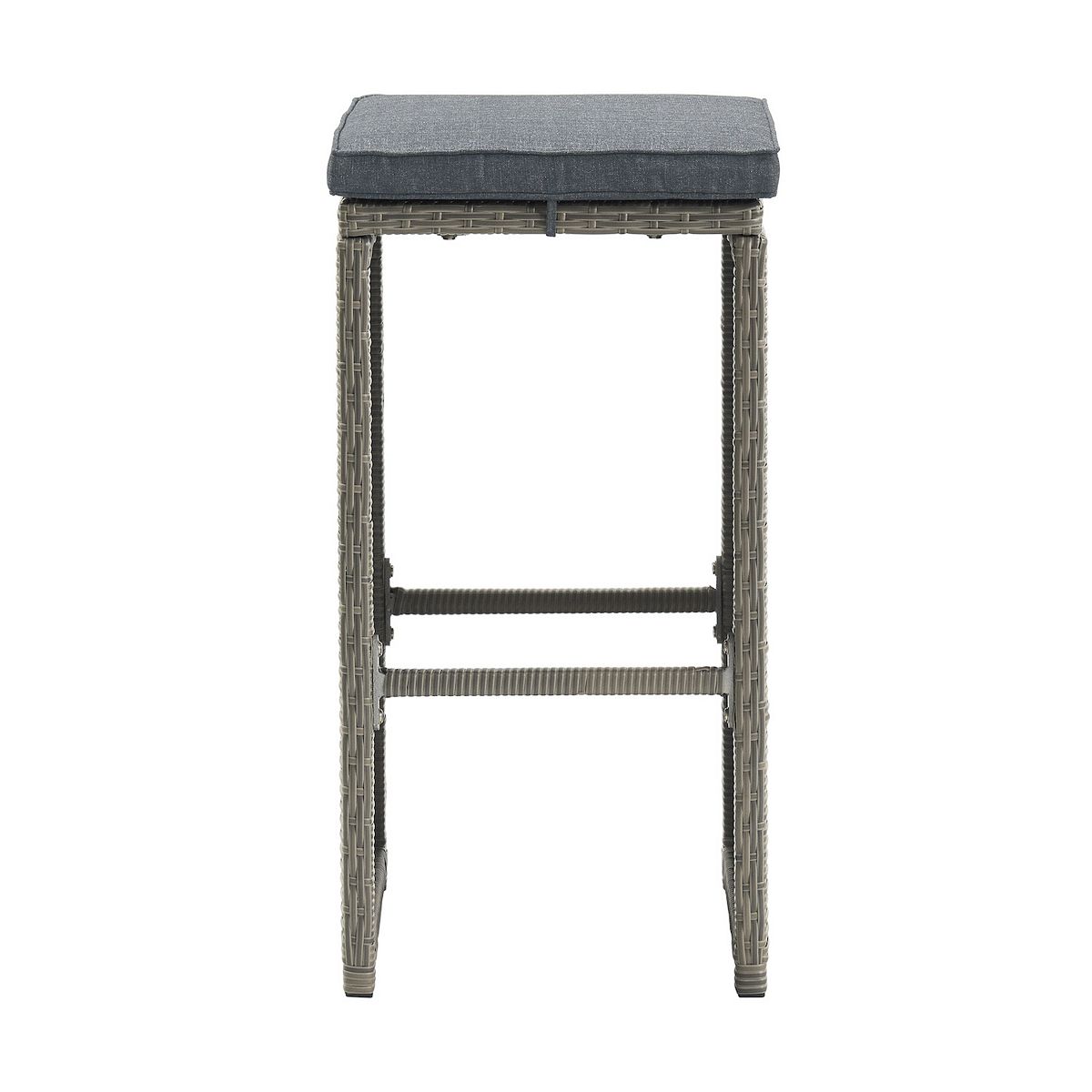 Front view of an all-weather wicker bar stool with dark seat