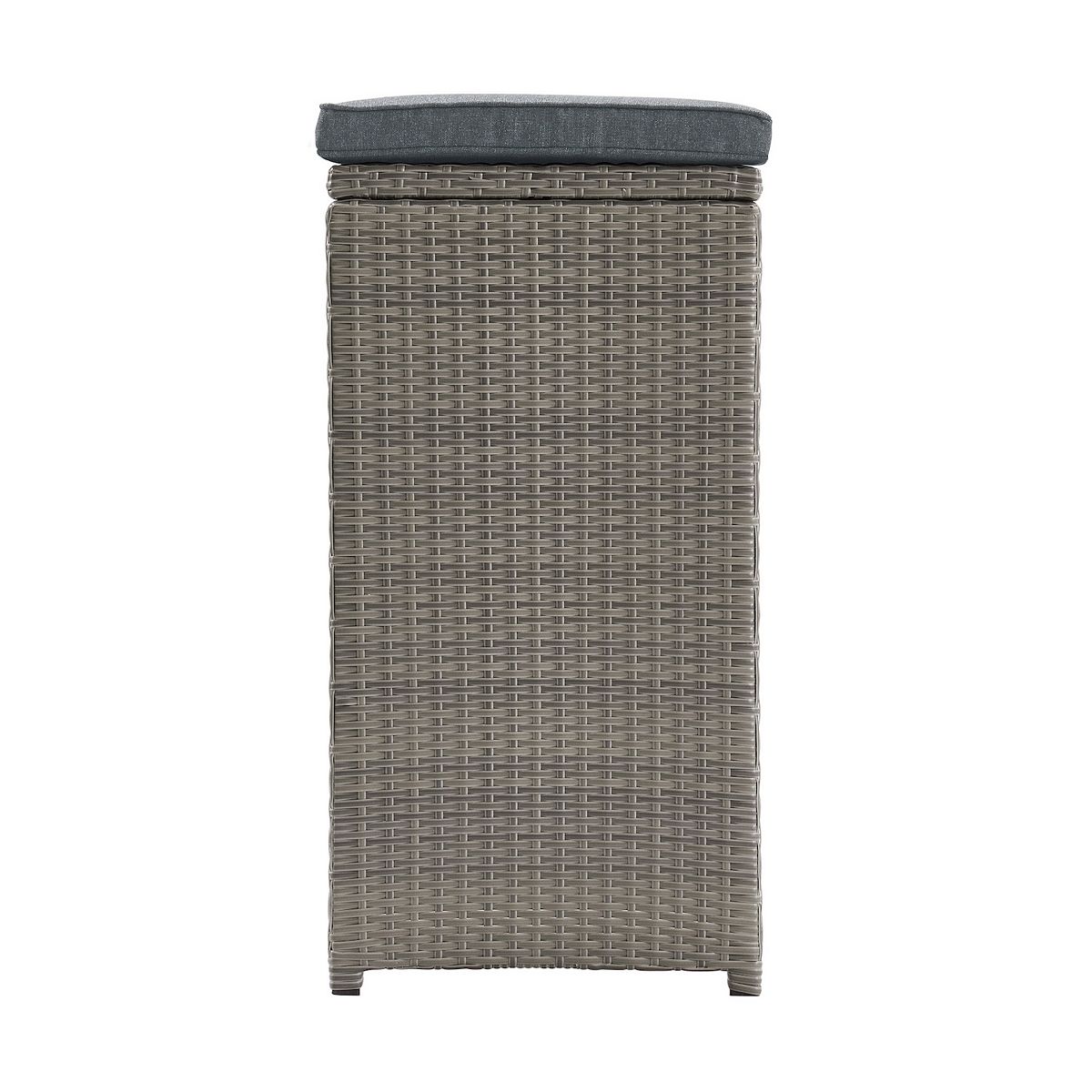 All-weather wicker bar stool with dark seat and woven front panel