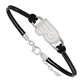 LogoArt Sterling Silver Philadelphia Flyers Black Leather Bracelet