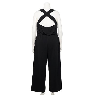 Juniors' Speechless Cross Back Deep V-Neck Jumpsuit with Pockets