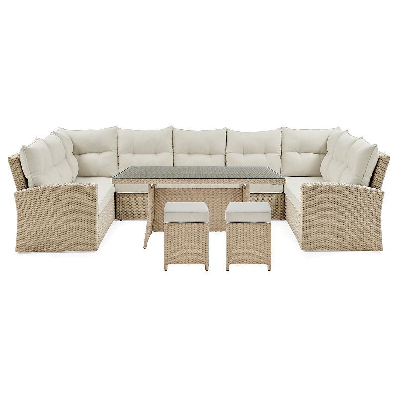 Alaterre Furniture Canaan Wicker Outdoor Horseshoe Sectional Couch, Stool &