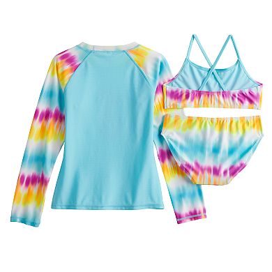 Girls 4-16 SO® Tie Dye Foil Pineapple Bikini Top, Bottoms, & Rash Guard Swimsuit Set