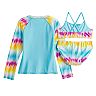 Girls 4-16 SO® Tie Dye Foil Pineapple Bikini Top, Bottoms, & Rash Guard Swimsuit Set