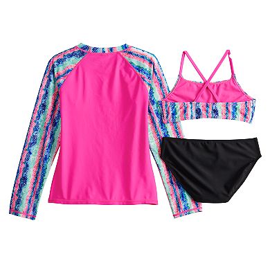Girls 7-16 SO® Tie Dye "Beach Vibes" Bikini Top, Bottoms, & Rash Guard Swimsuit Set