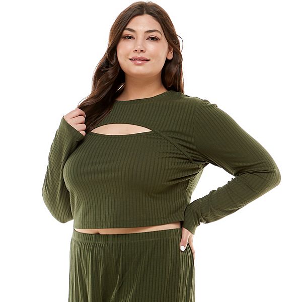Juniors' Plus Size Lily Rose Ribbed Long Sleeve Cutout Top