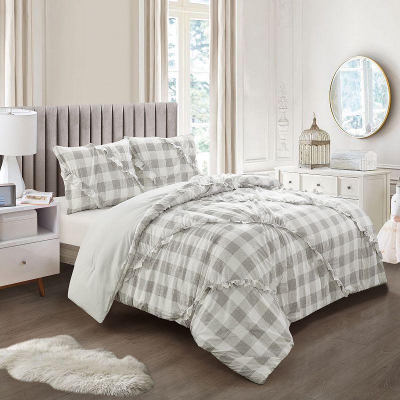 Heritage Kids Checkered Ruffle Comforter Set with Shams, Grey, Twin