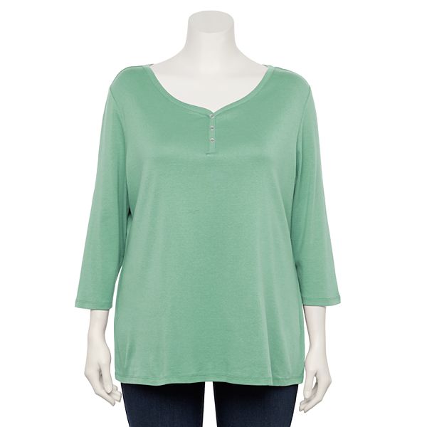 Plus Size Croft & Barrow® Three Quarter Sleeve Ribbed Henley Top