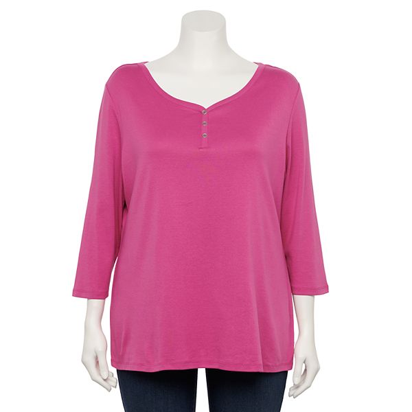 Plus Size Croft & Barrow® Three Quarter Sleeve Ribbed Henley Top