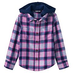 Lands End Boys size L Button-Front Plaid Kids Shirt Top Short Sleeve Tee Purple 