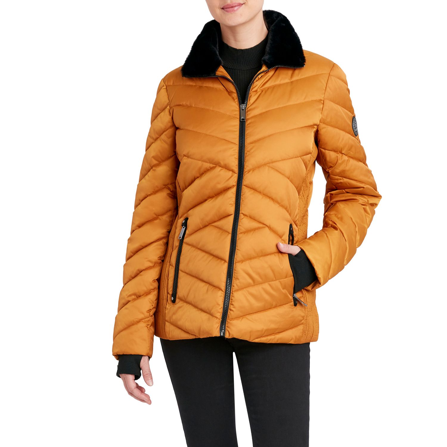 ladies short puffer jacket with fur hood