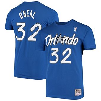 Men's Mitchell & Ness Shaquille O'Neal Blue Orlando Magic Hardwood Classics Stitch Name & Number T-Shirt