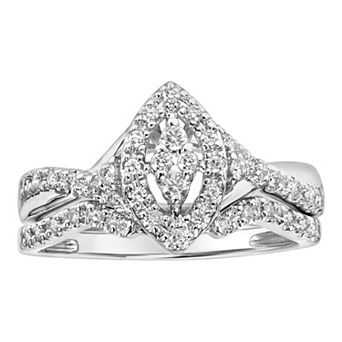 Love Always 10k White Gold 1/4 Carat T.W. Diamond Cluster Halo Engagement Ring Set
