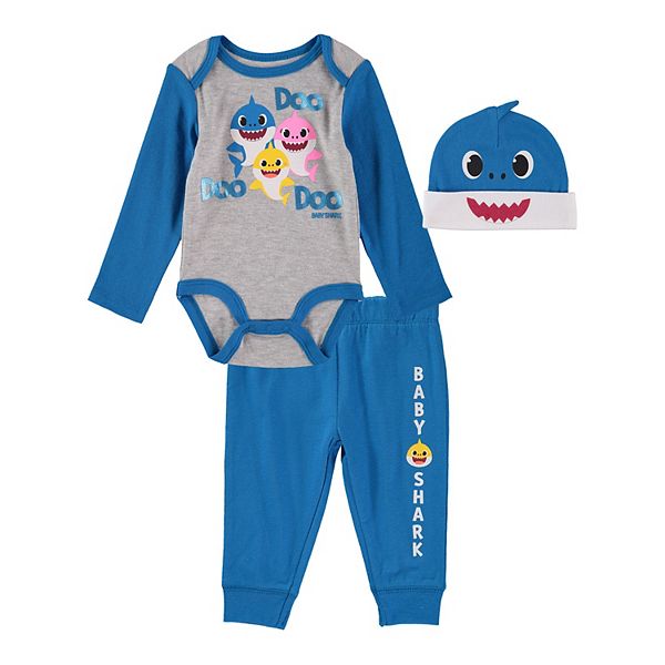 Baby Boy 3 Piece Baby Shark Bodysuit, Pants & Hat Set