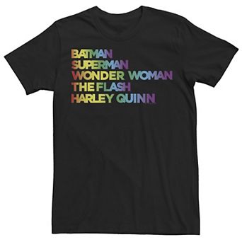 Men's Justice League Member Graidient Rainbow Word Stack Tee