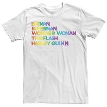 Men's Justice League Member Graidient Rainbow Word Stack Tee