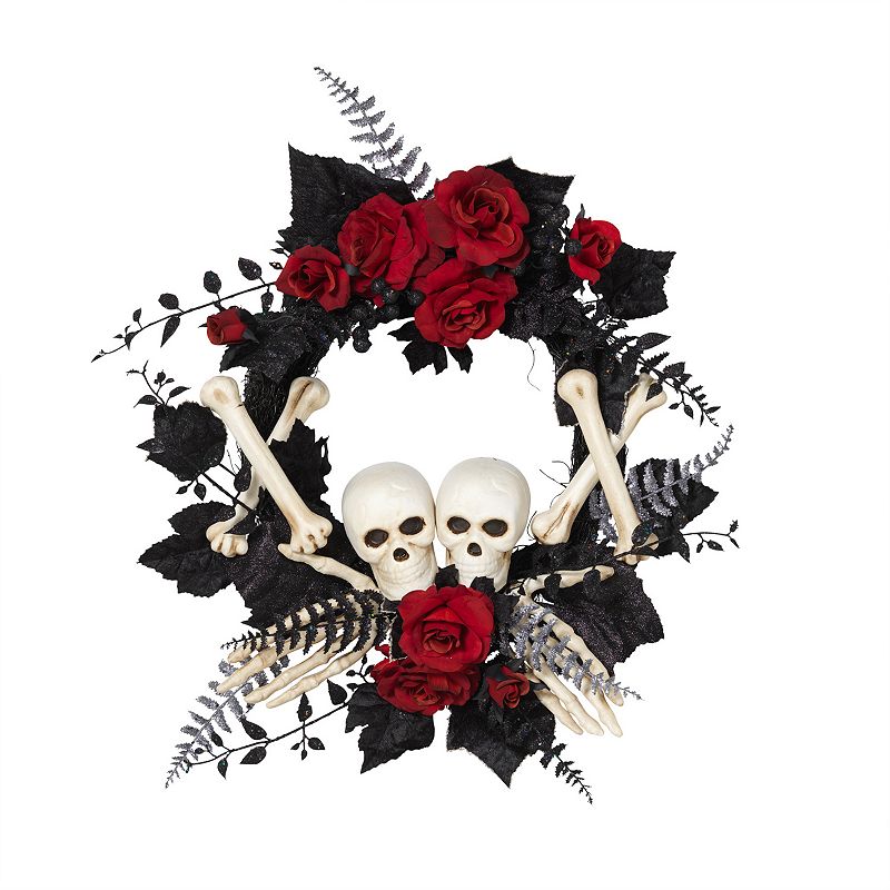 Halloween Skeleton Artificial Roses Wreath, Black