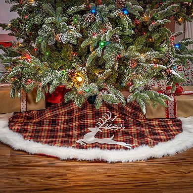 Reindeer Plaid Faux Fur Trim Christmas Tree Skirt