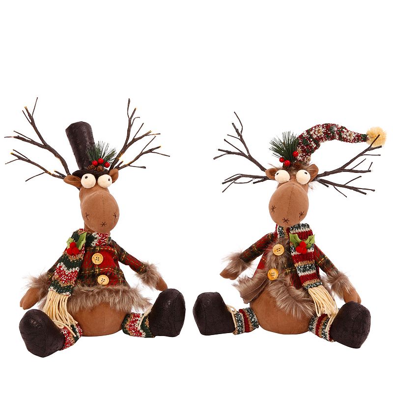 Gerson Lighted Plush Holiday Sitting Moose Figurines 2-piece Set, Multicolo