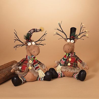 Gerson Lighted Plush Holiday Sitting Moose Figurines 2-piece Set