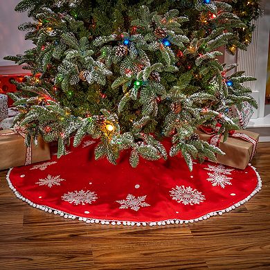 Holiday Pom Pom Snowflake Christmas Tree Skirt