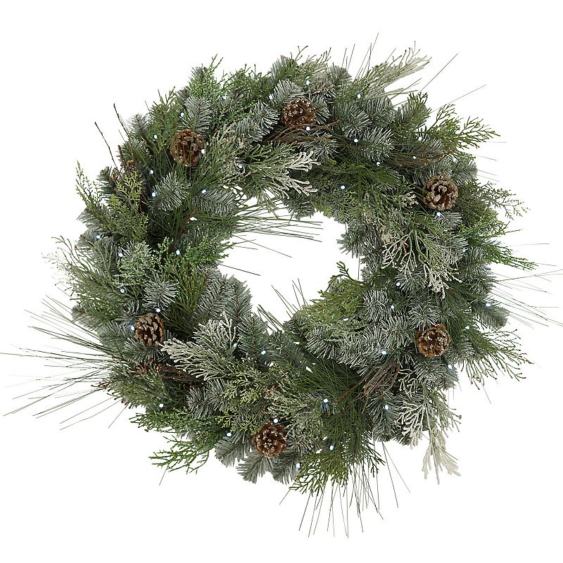 Pre-Lit Snowy Artificial Mixed Pine Wreath, Green