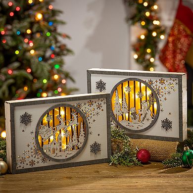 Light-Up Laser Cut Holiday Scene Wall Decor 2-piece Set