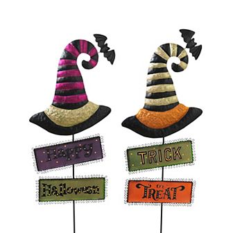 Gerson Metal Witch's Hats with Halloween Signs Yard Stake 2 pc Set