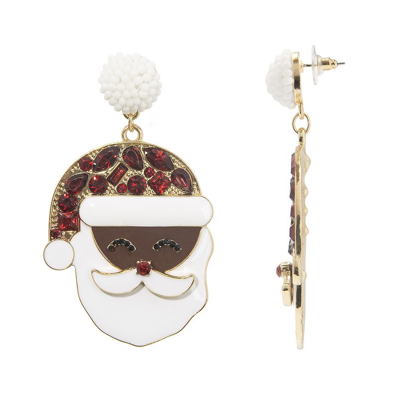 Enamel Santa Face with Stone & Beaded Hat Drop Earrings, Womens, Multicolo