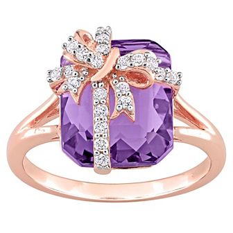 Stella Grace 18k Rose Gold Over Silver Amethyst & White Topaz Bow Ring