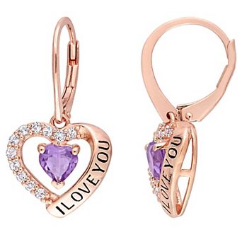 Stella Grace 18k Rose Gold Over Silver Amethyst "I Love You" Heart Earrings