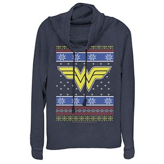 Juniors' DC Comics Wonder Woman Christmas Cowlneck Graphic Lightweight Long Sleeve