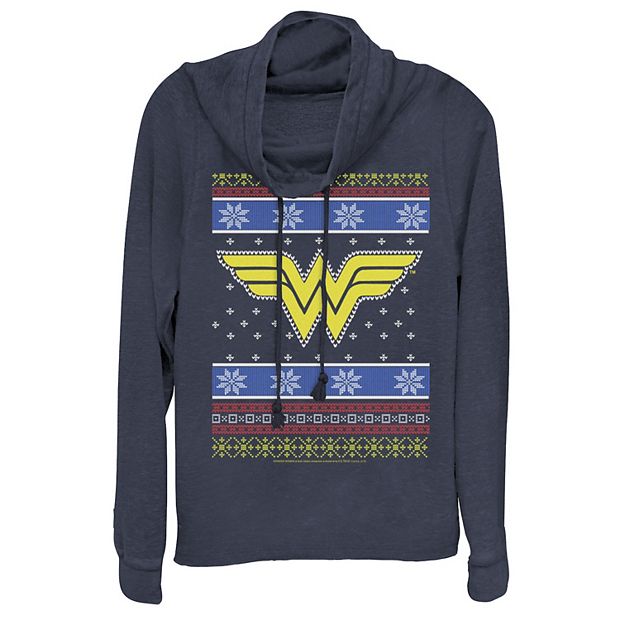 Juniors DC Comics Wonder Woman Logo Christmas Sweater Style Cowl