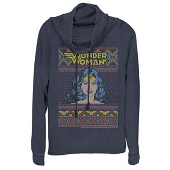 Juniors' DC Comics Wonder Woman Christmas Cowlneck Graphic Lightweight Long Sleeve