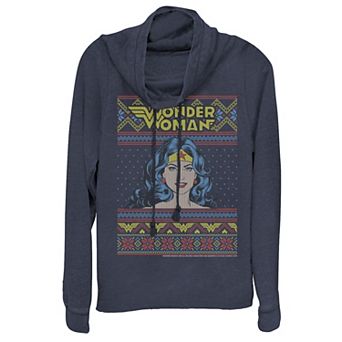 Juniors' DC Comics Wonder Woman Christmas Cowlneck Graphic Lightweight Long Sleeve