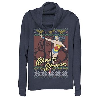 Juniors' DC Comics Wonder Woman Action Pose Christmas Cowlneck Graphic Lightweight Long Sleeve