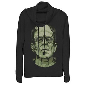 Junior's Universal Monsters Frankenstein Face Cowlneck Graphic Lightweight Long Sleeve
